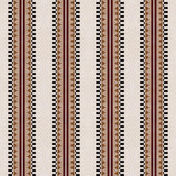 Complex geometric stripe in maroon, ochre, ecru and black on a cream field.