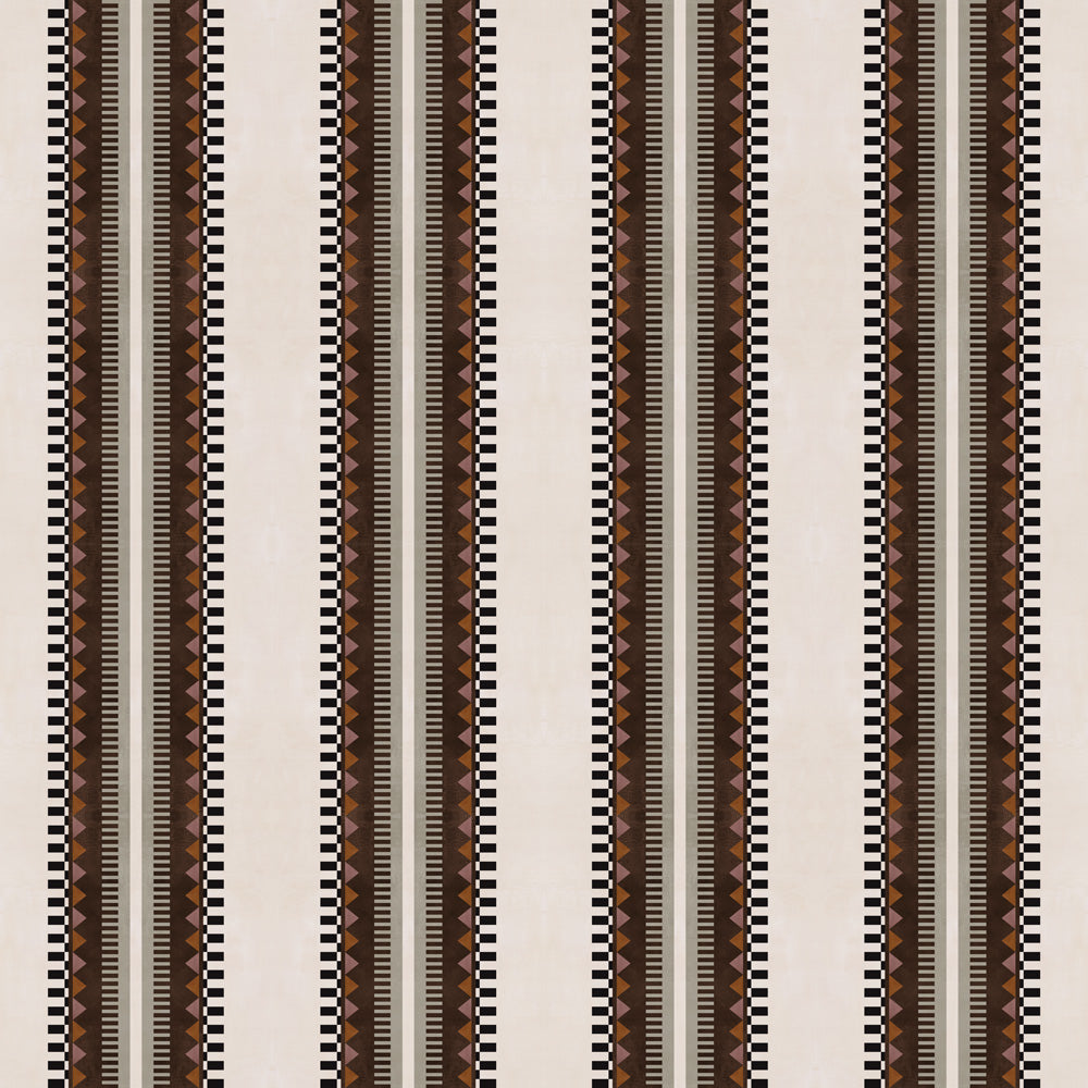 Complex geometric stripe in brown, tan, orange, light purple and black on a cream field.