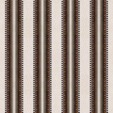 Complex geometric stripe in brown, tan, orange, light purple and black on a cream field.