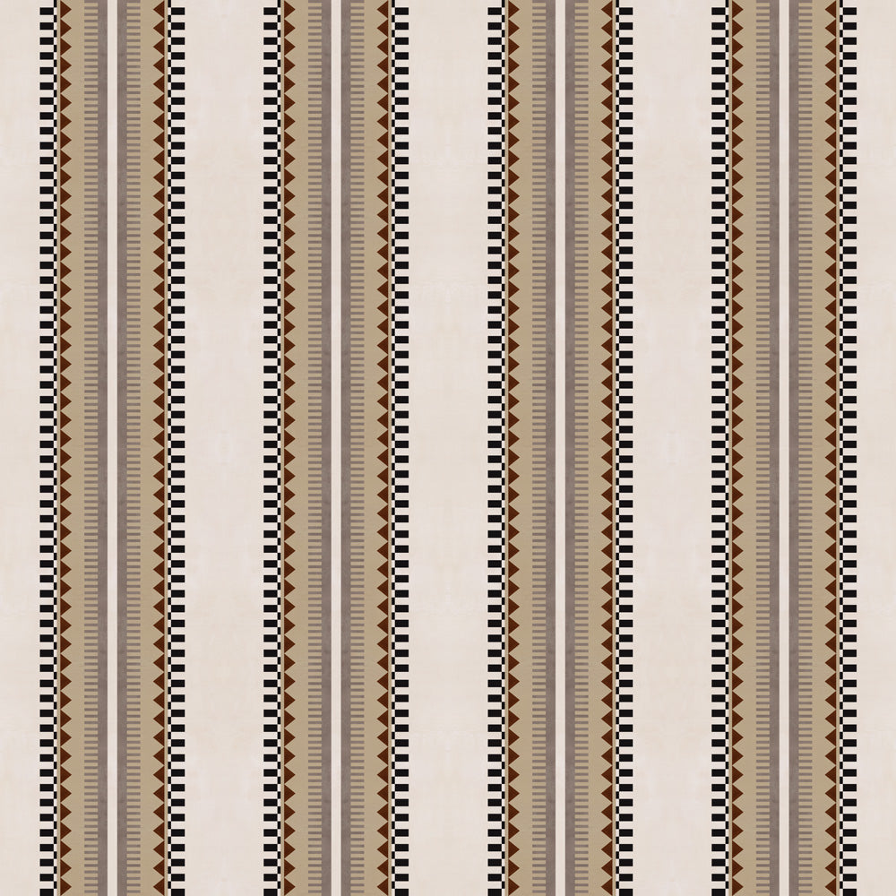 Complex geometric stripe in brown, tan, taupe and black on a cream field.