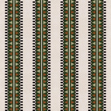 Complex geometric stripe in green, brown and sage and black on a cream field.