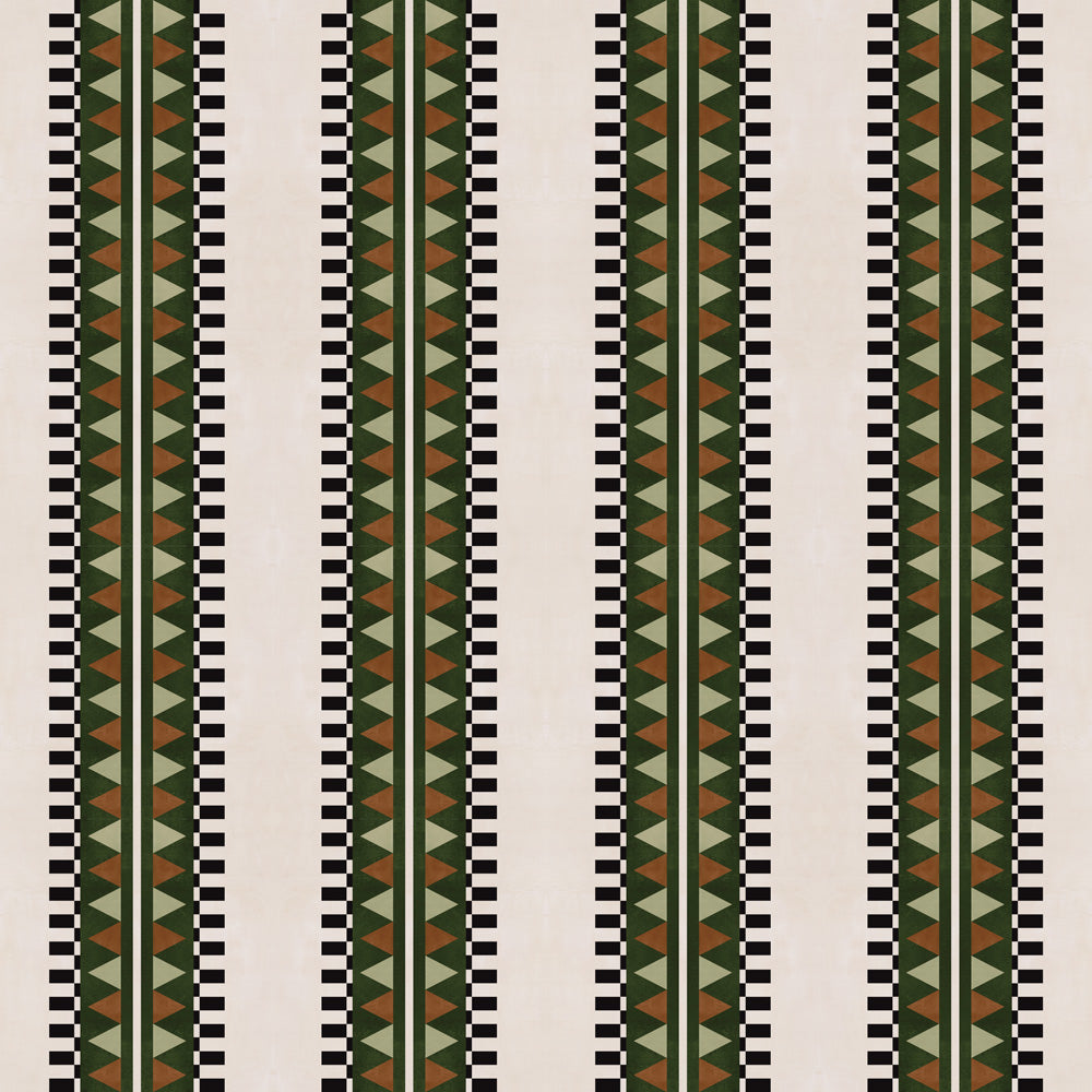 Complex geometric stripe in green, brown and sage and black on a cream field.