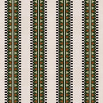Complex geometric stripe in green, brown and sage and black on a cream field.