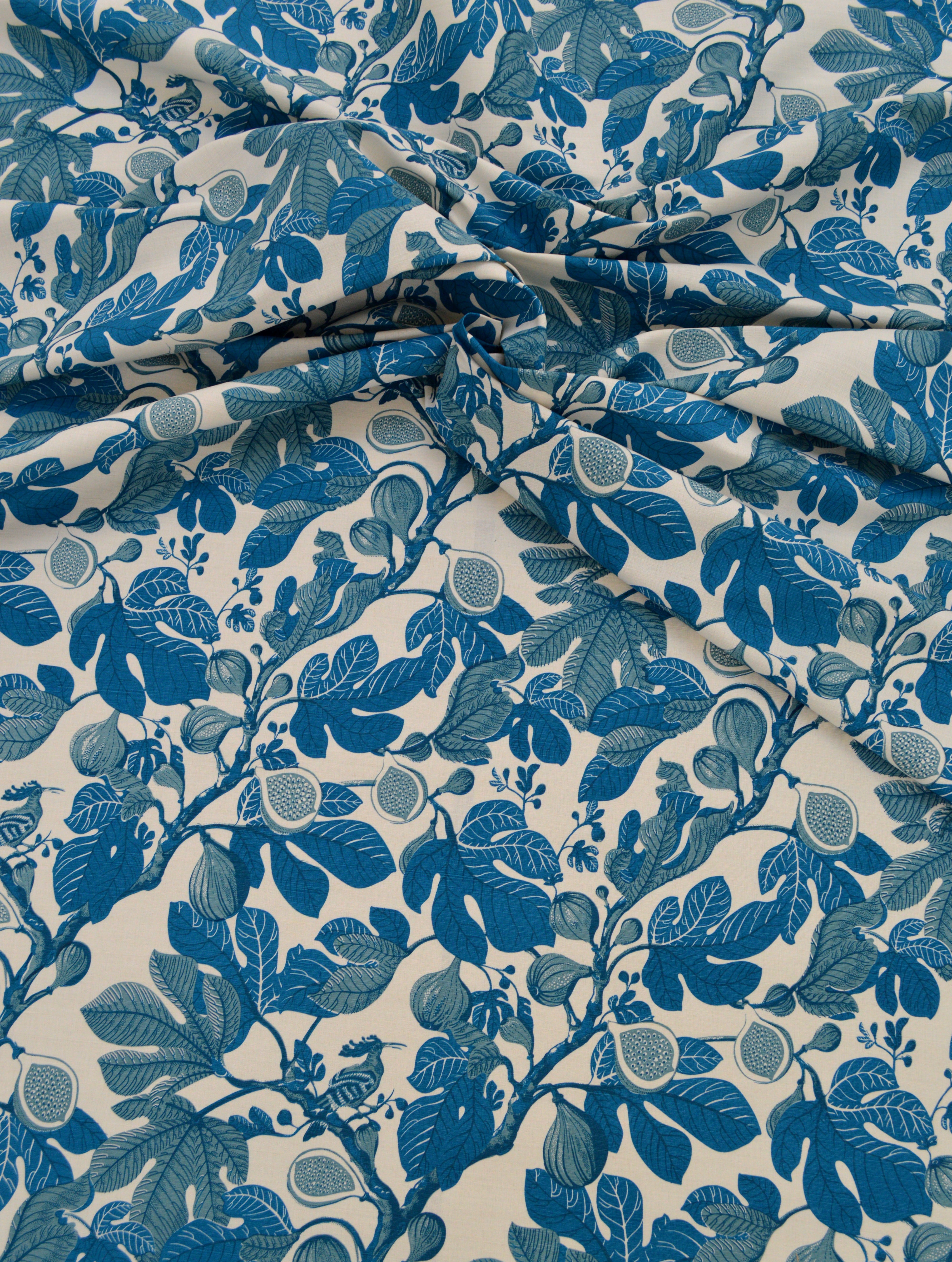 Close-up of blue floral fig patterned fabric