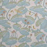Patterned fabric with blue leaves and flowers on a white background