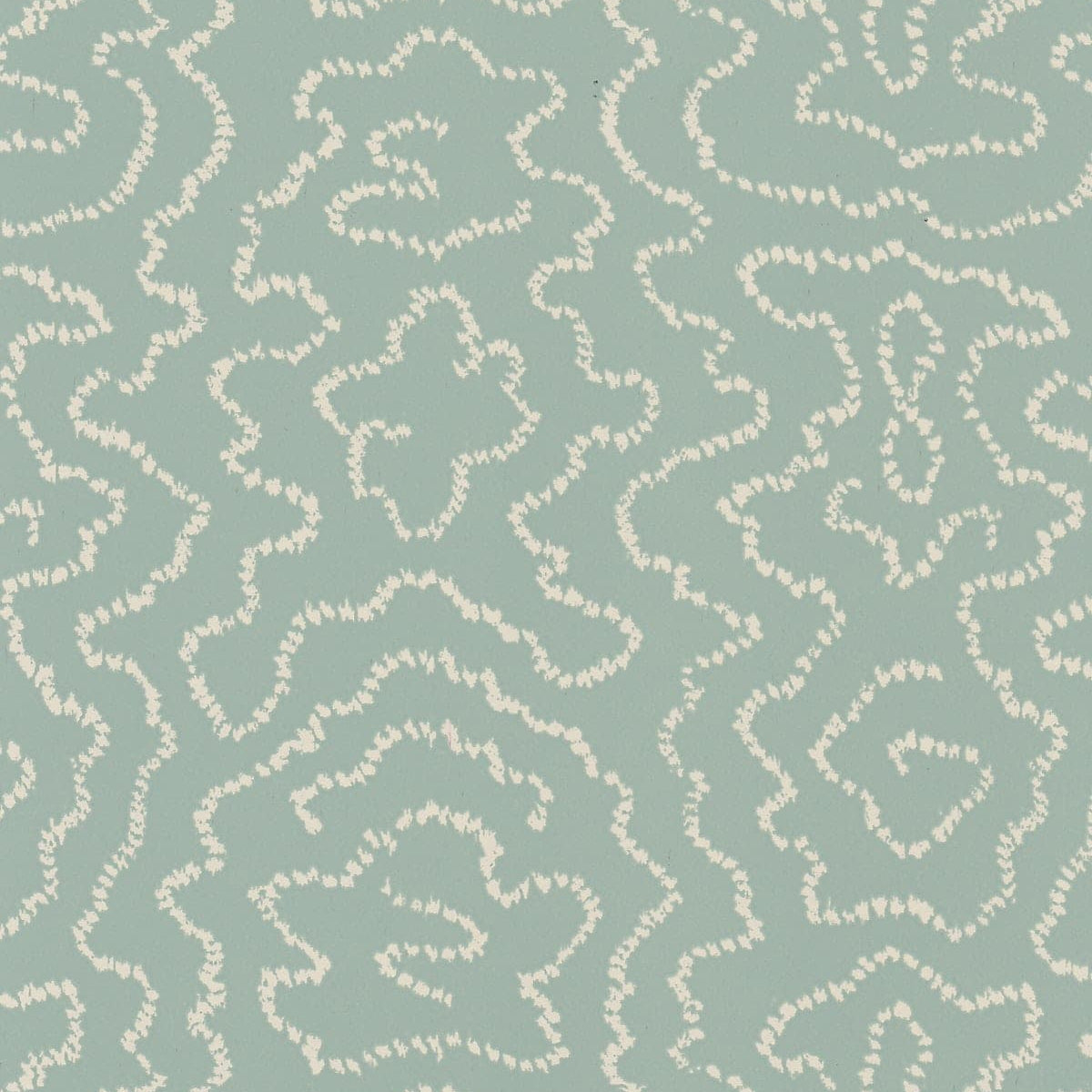 Detail of wallpaper in a minimalist wood grain print in cream on a light turquoise field.