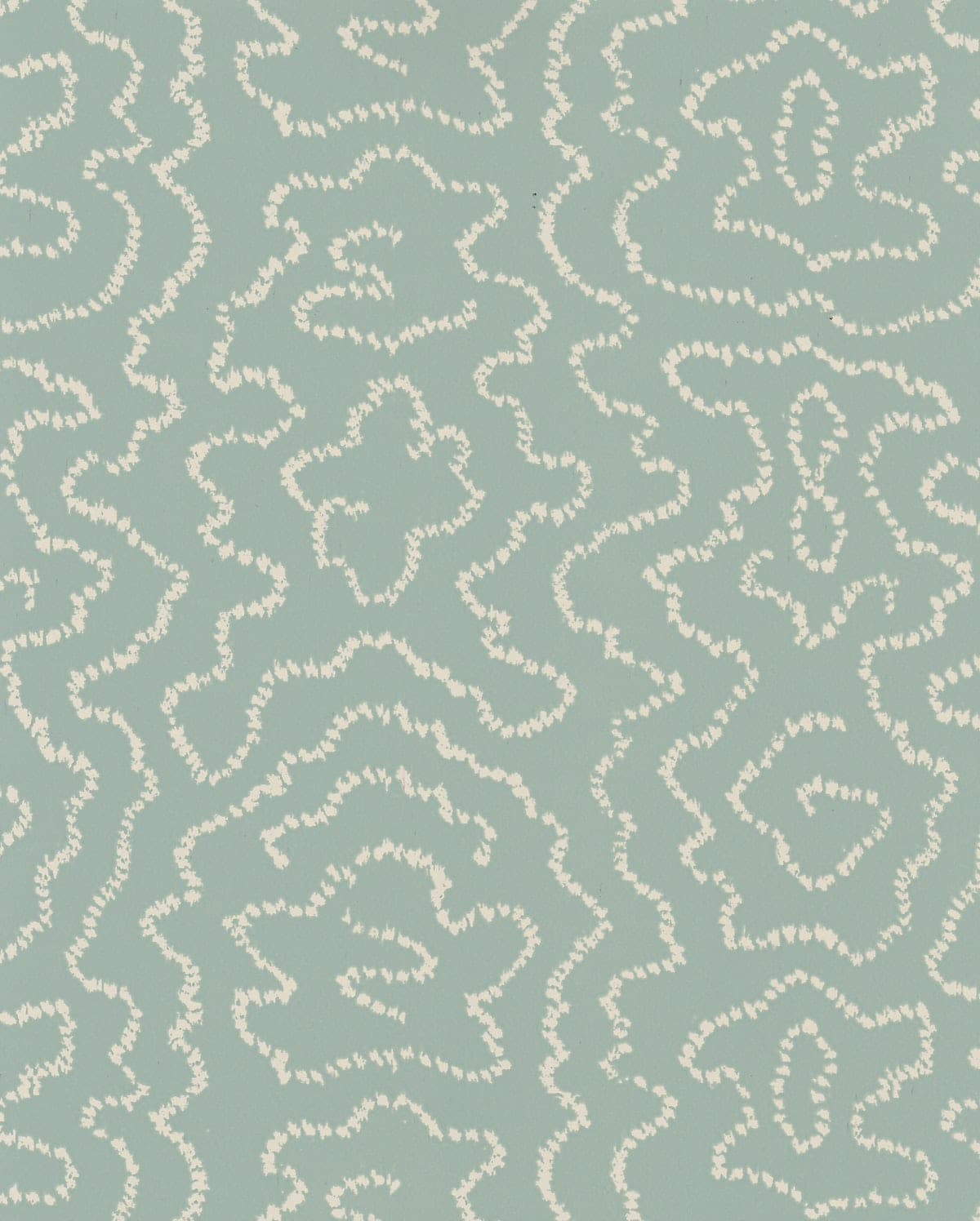 Detail of wallpaper in a minimalist wood grain print in cream on a light turquoise field.