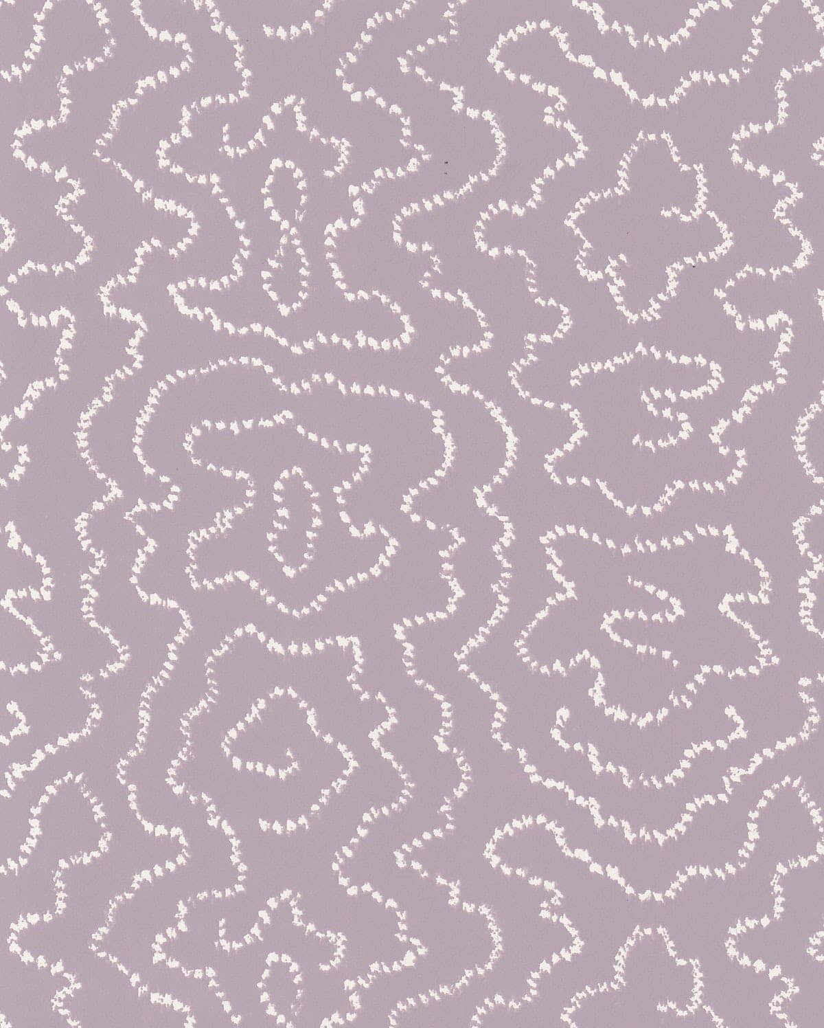 Detail of wallpaper in a minimalist wood grain print in white on a purple field.