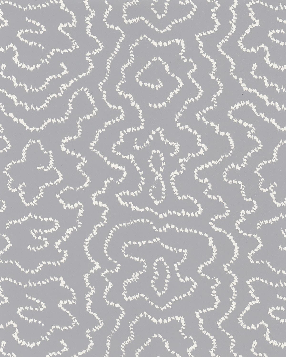 Detail of wallpaper in a minimalist wood grain print in white on a gray field.