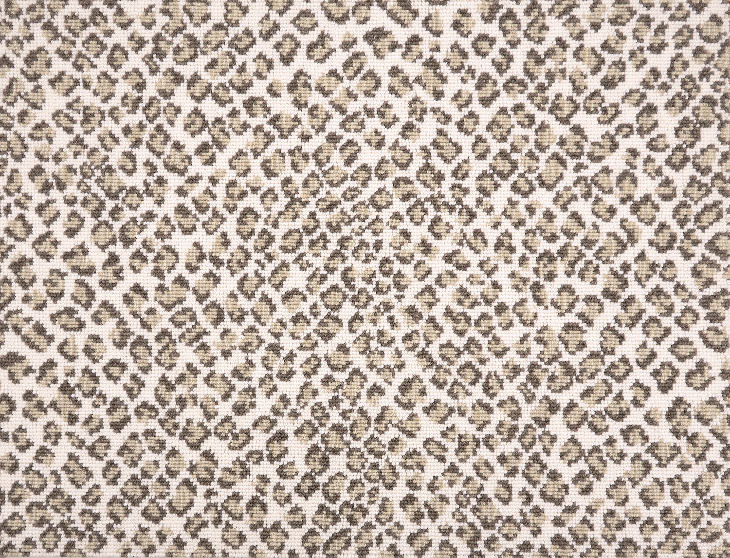 A close-up of a leopard print broadloom in beige and grey spots on a cream background.