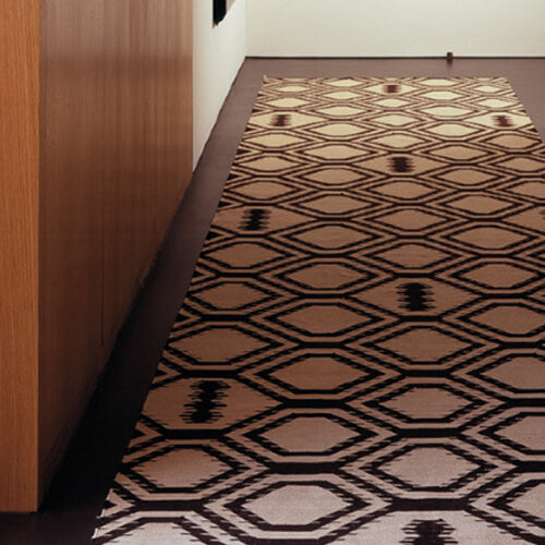 Patterned rug on a wooden floor next to a wall.