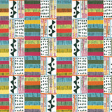 Detail of wallpaper in a playful geometric grid print in black, white and multicolor.