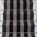 Striped flatweave runner in dark blue and grey on white staircase