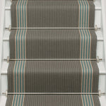Striped flatweave runner in grey and blue on white staircase
