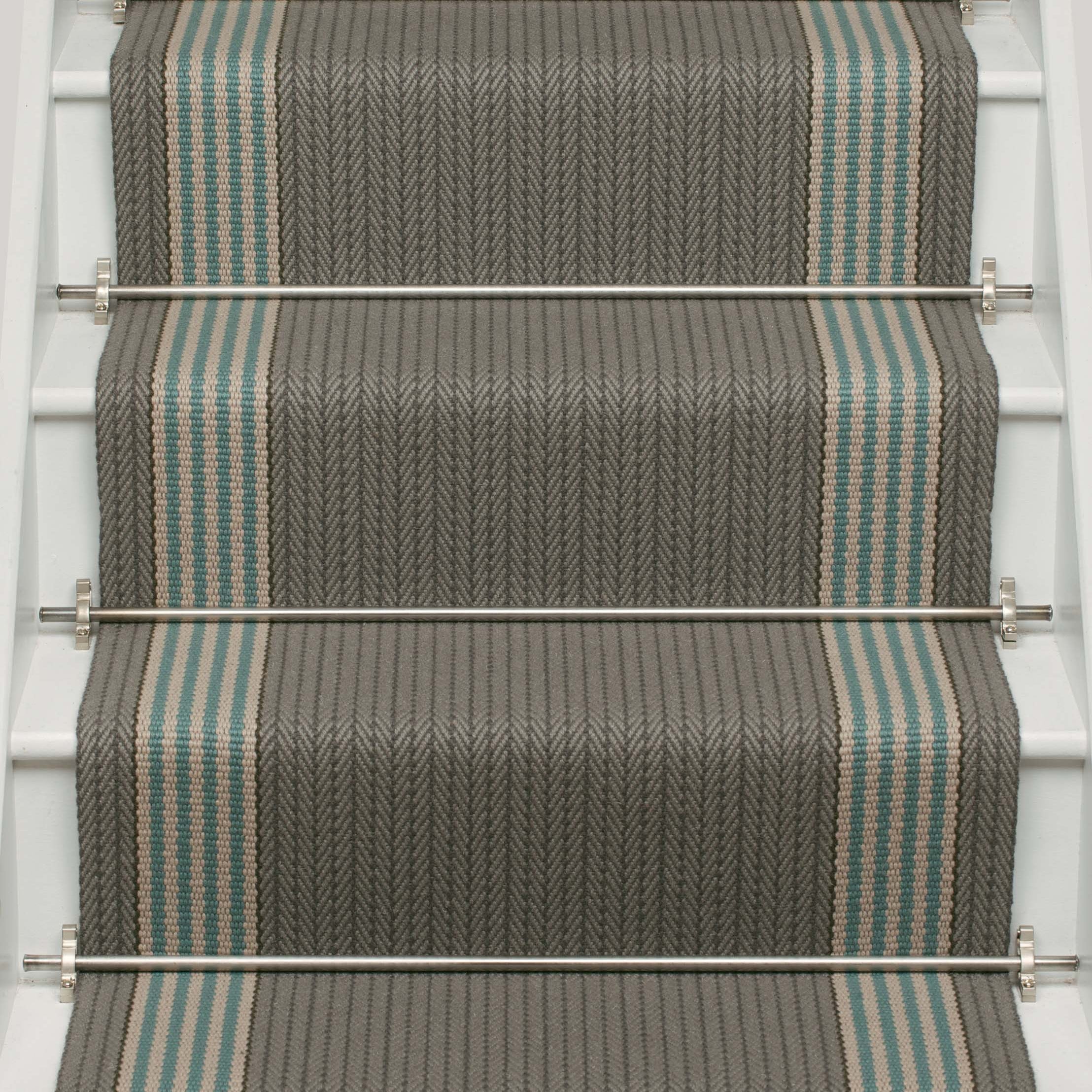 Striped flatweave runner in grey and blue on white staircase