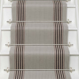 Striped flatweave runner in light grey and black on white staircase
