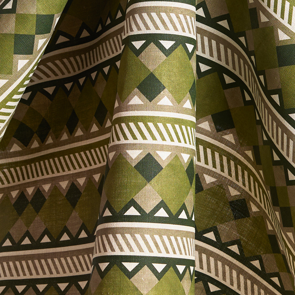 Fabric in a complex stripe with geometric shapes and chevrons in sage, olive ecru and cream.
