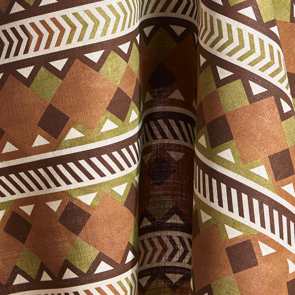 Fabric in a complex stripe with geometric shapes and chevrons in clay, sage, brown and cream.