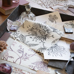 Desk scene with layers of watercolor floral swatches in various colors with natural specimens and vintage props. 