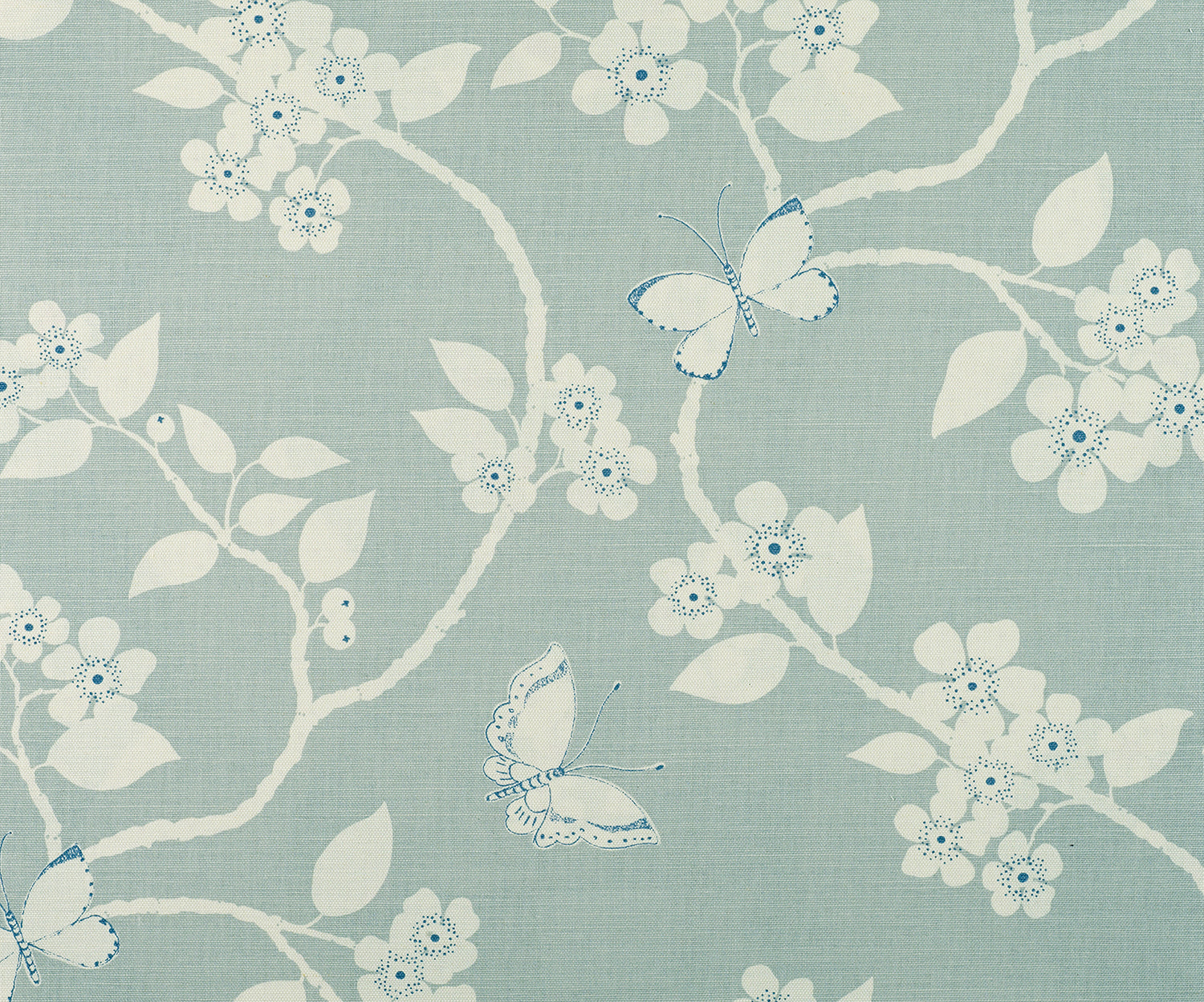 Detail of fabric in a flower and butterfly print in cream and blue on a turquoise field.