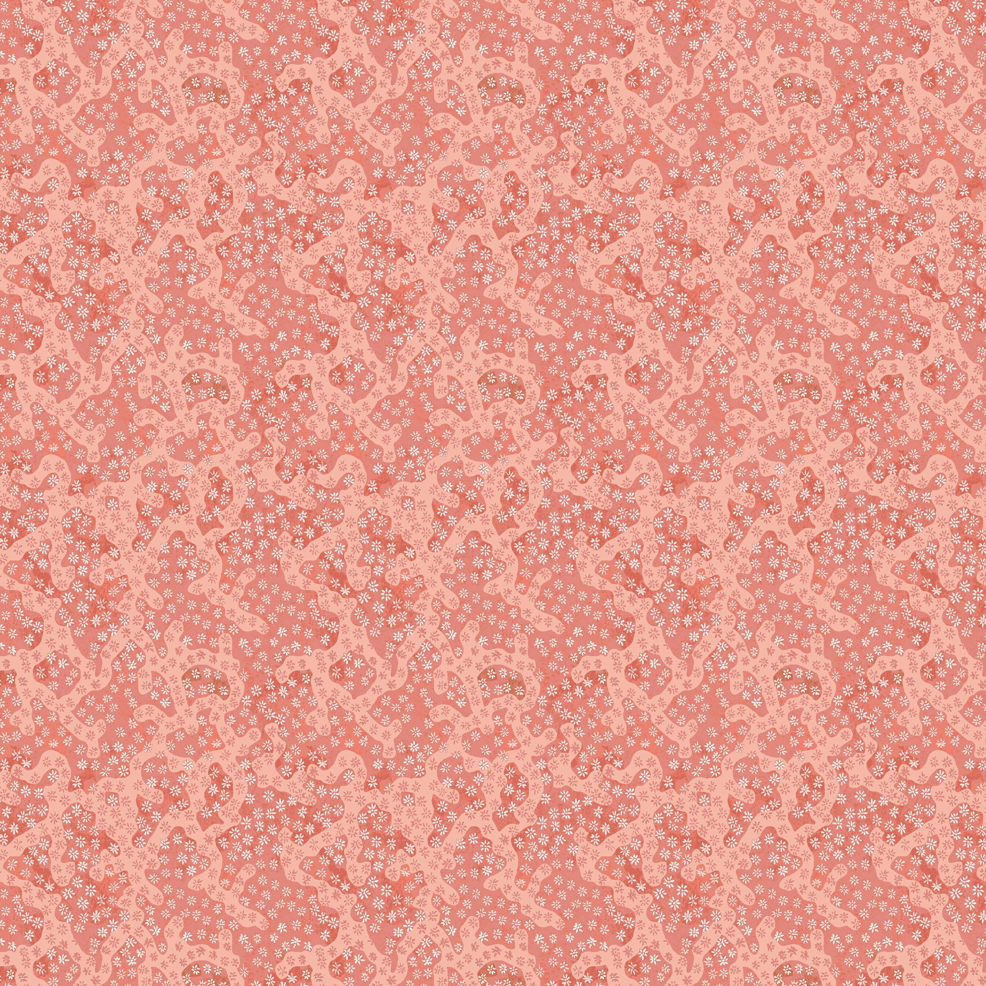 Coral pattern with tiny painted floral designs in tonal coral pink.