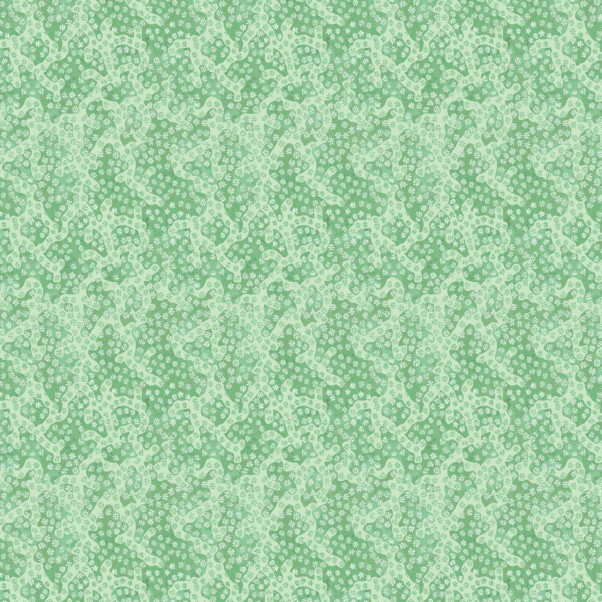 Coral pattern with tiny painted floral designs in tonal green.