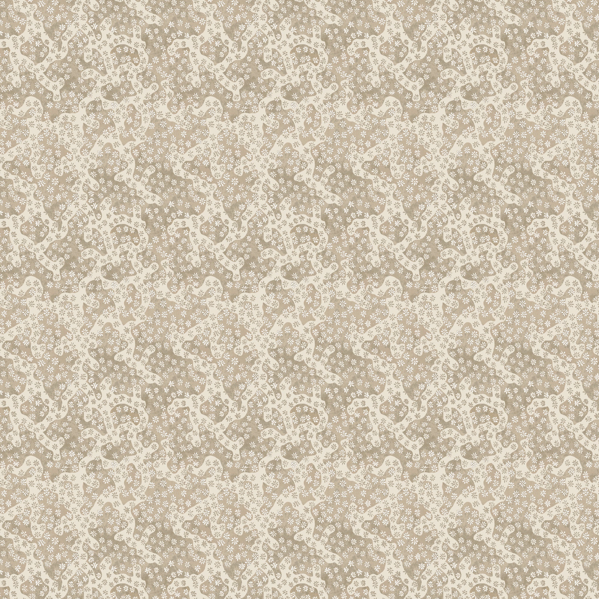 Coral pattern with tiny painted floral designs in tonal beige. 