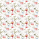 Decorative pattern with stylized red flowers and green leaves on a white background