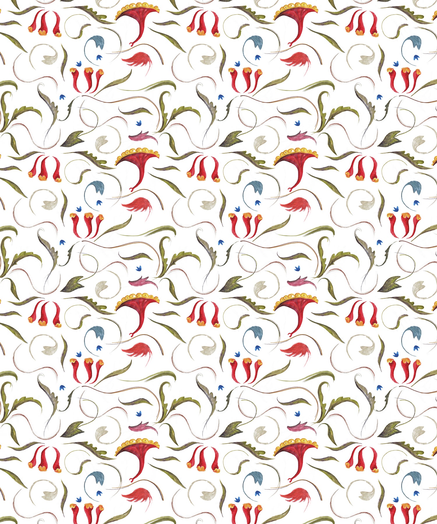 Decorative pattern with stylized red flowers and green leaves on a white background