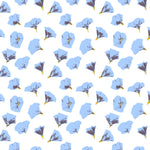 Pattern of blue flowers with yellow centers on a white background