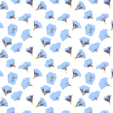 Pattern of blue flowers with yellow centers on a white background
