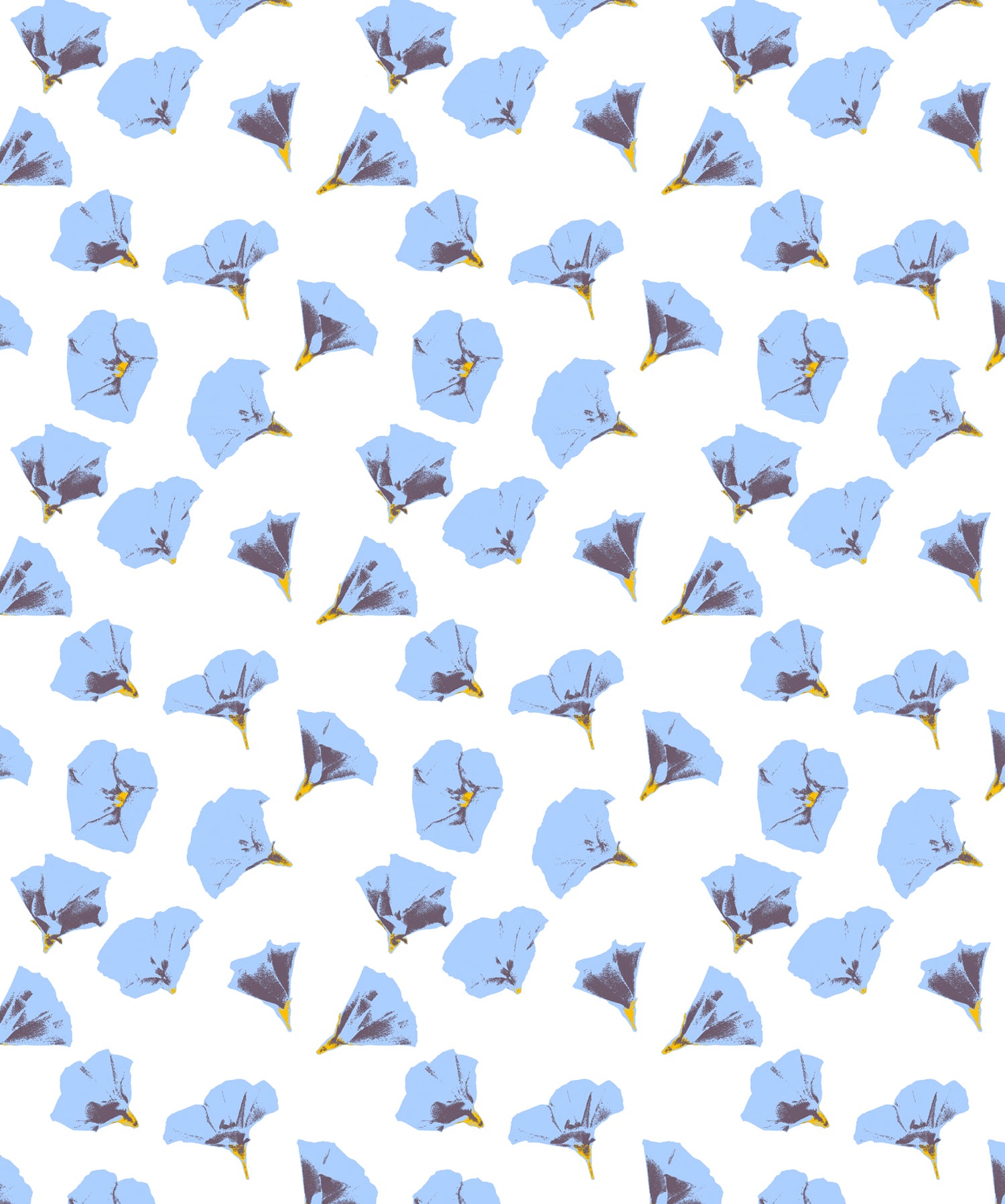 Pattern of blue flowers with yellow centers on a white background
