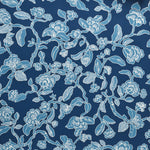Close up of wallpaper in a hand drawn branch and flower design in shades of blue on navy.