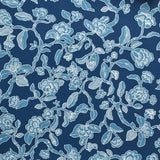 Close up of wallpaper in a hand drawn branch and flower design in shades of blue on navy.