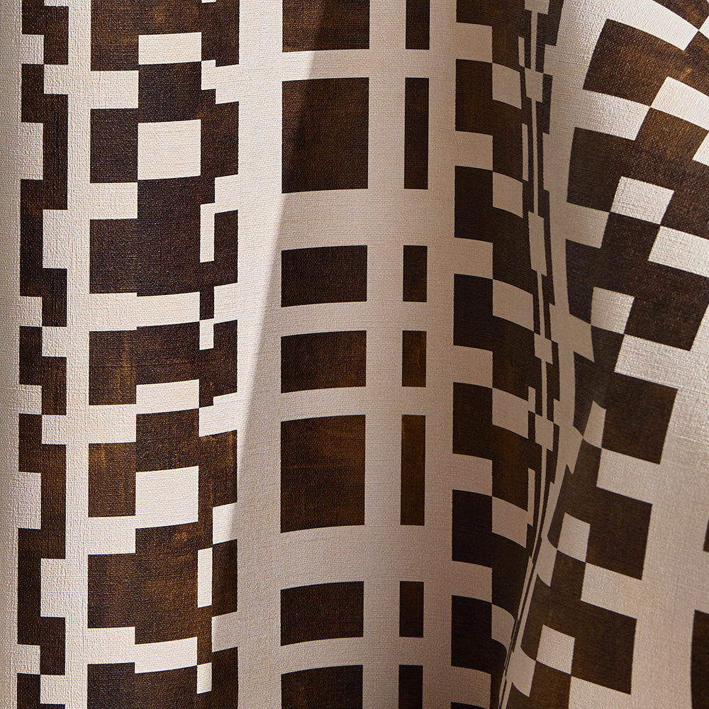 Wallpaper  in a modernist checkerboard pattern in brown and cream.