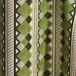 Wallpaper in a complex stripe with geometric shapes and chevrons in sage, olive ecru and cream.