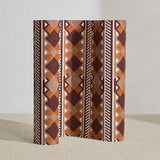 Wallpaper roll in a complex stripe with geometric shapes and chevrons in taupe, orange, oxblood and cream.