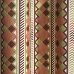 Wallpaper a complex stripe with geometric shapes and chevrons in clay, sage, brown and cream.