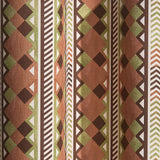 Wallpaper a complex stripe with geometric shapes and chevrons in clay, sage, brown and cream.