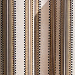 Wallpaper in a complex geometric stripe in brown, tan, taupe and black on a cream field.