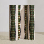 Wallpaper roll in a complex geometric stripe in green, brown and sage and black on a cream field.