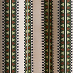 Wallpaper in a complex geometric stripe in green, brown and sage and black on a cream field.