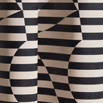 Wallpaper in a trompe l'oeil stripe pattern with geometric shapes in cream and black.