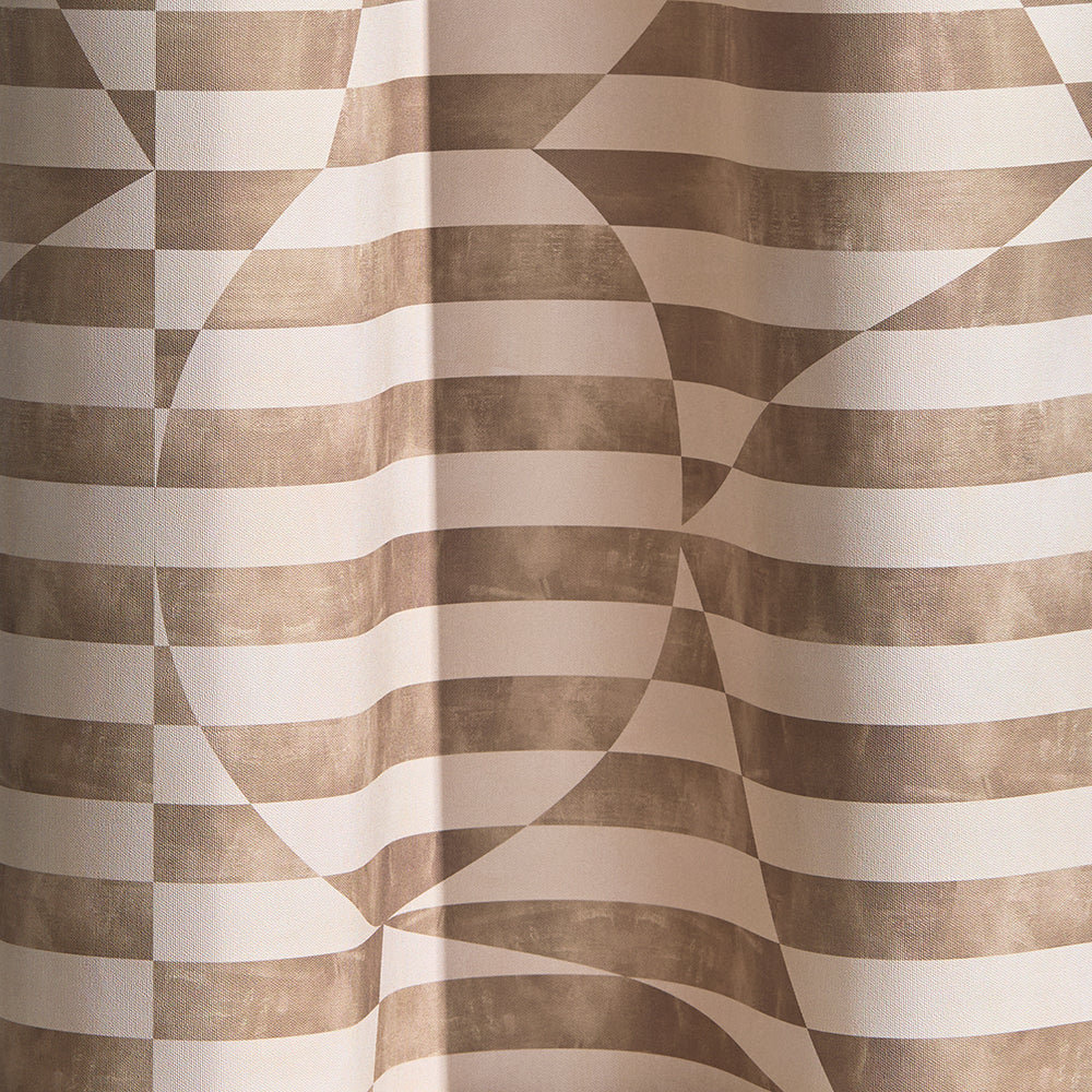 Wallpaper in a trompe l'oeil stripe pattern with geometric shapes in cream and taupe.
