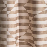 Wallpaper in a trompe l'oeil stripe pattern with geometric shapes in cream and taupe.