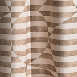 Wallpaper in a trompe l'oeil stripe pattern with geometric shapes in cream and taupe.