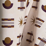 Wallpaper in a graphic geometric pattern of circles, stars and stripes in purple and ochre on a cream field.