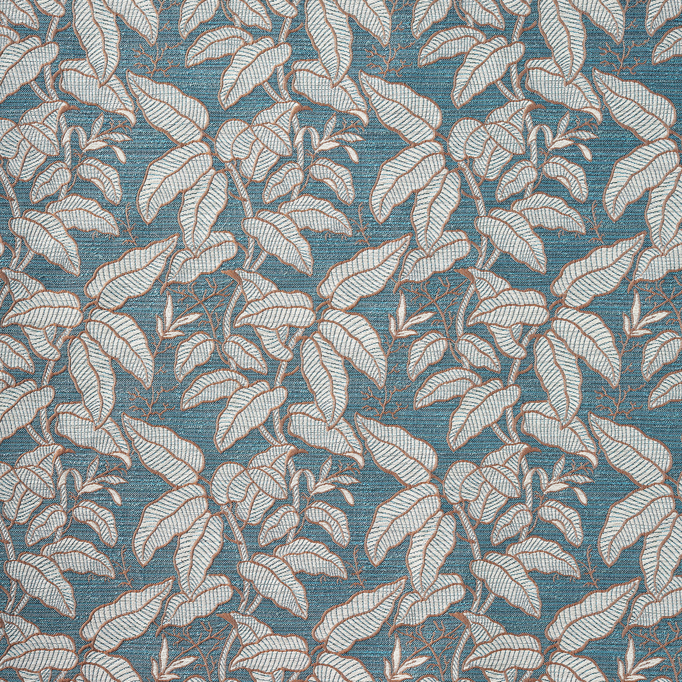 A close-up of a woven fabric pattern featuring a dense botanical leaf design in muted blue, beige, and gray tones.