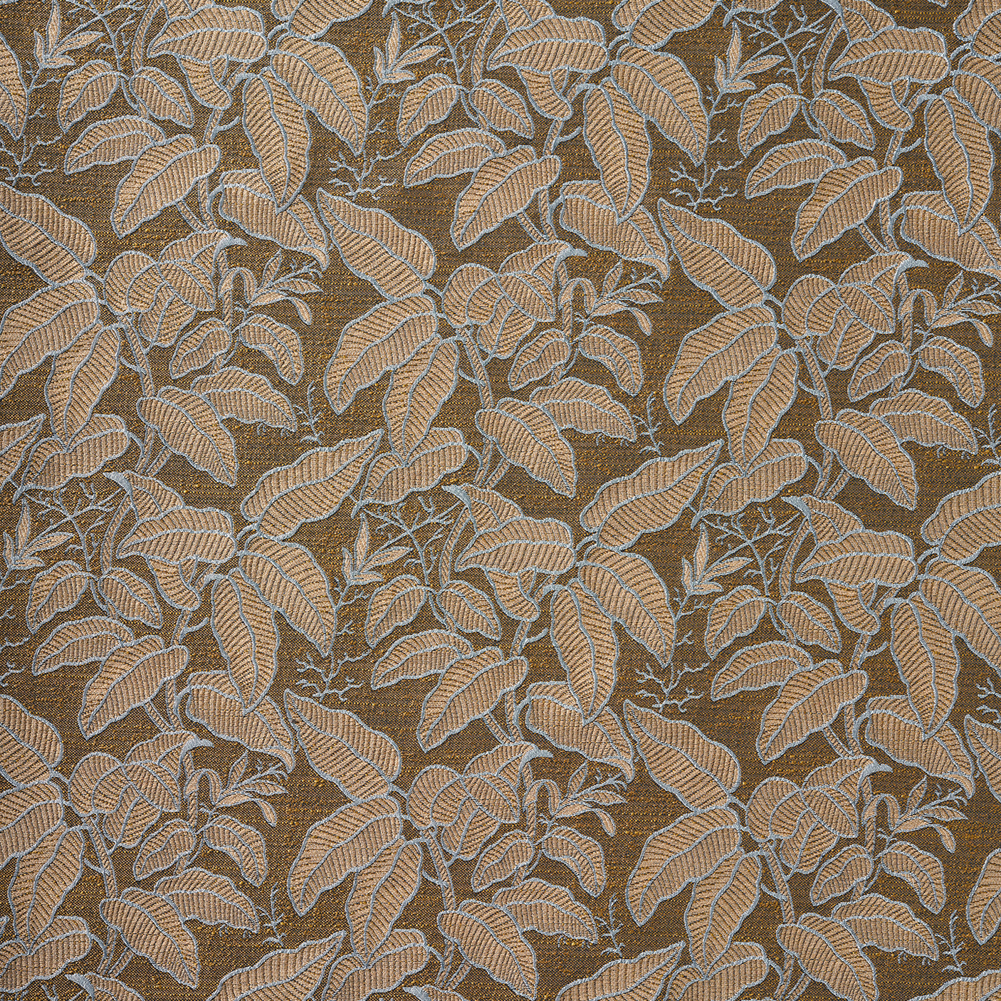 A close-up of a woven fabric pattern featuring a dense botanical leaf design in warm rust with grey outlines on a darker brown field. 
