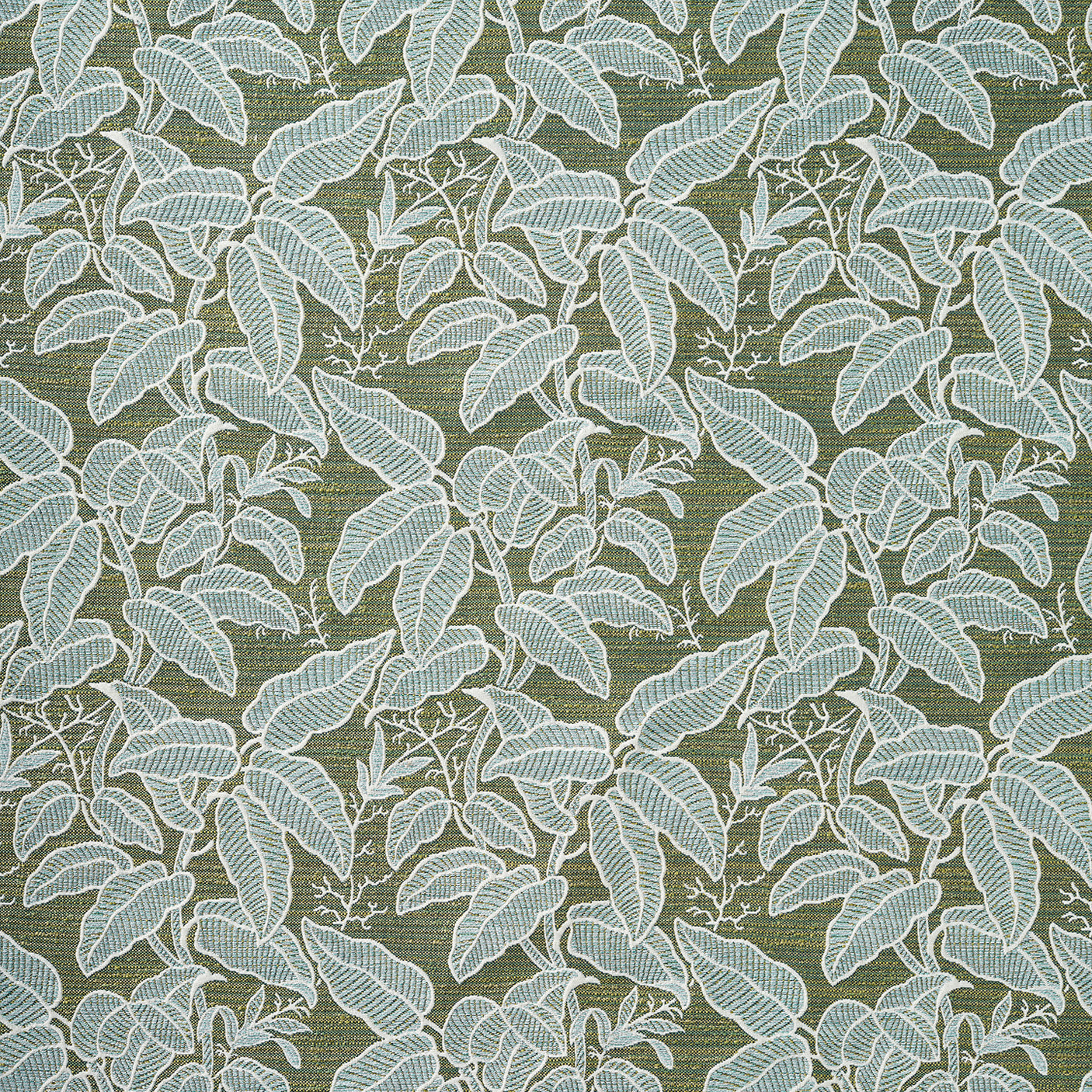 A close-up of a woven fabric pattern featuring a dense botanical leaf design in aqua blue with cream outline on a green field. 
